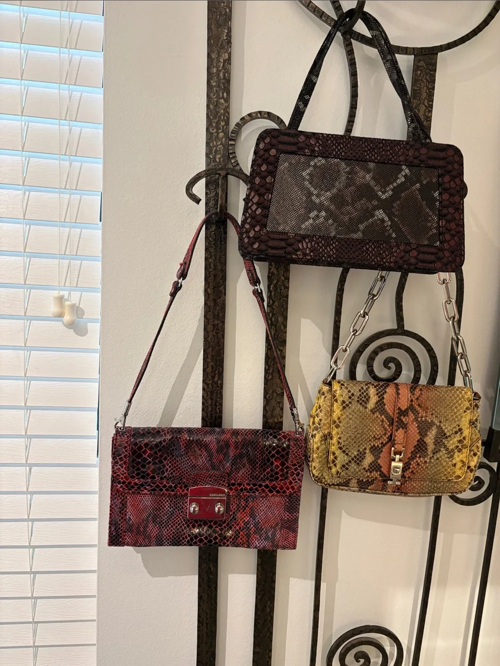 Red Snakeskin-Effect Shoulder Bag with Chain Accent